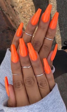 The polish that matches with your lifestyle 💅👠. Bright Summer Acrylic Nails, Orange Nail Art, Orange Acrylic Nails, Nails Orange, Orange Nail, Smink Inspiration, Unique Acrylic Nails, Summer Acrylic Nails, Acrylic Nails Coffin