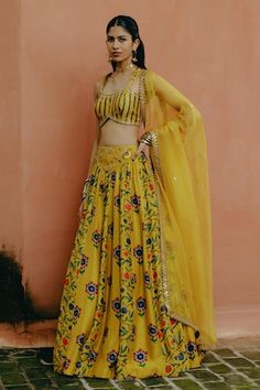 Yellow attached can-can lehenga featuring kalamkari print all over with embroidered waistline. Paired with a aari, resham and zardozi hand embroidered padded blouse and a dupatta. - Aza Fashions Designer Yellow Sets With Motifs, Designer Yellow Choli With Motifs, Yellow Anarkali Choli With Motifs, Yellow Lehenga With Tilla For Navratri, Yellow Sets With Motifs For Eid, Yellow Sharara With Meenakari Detailing, Semi-stitched Yellow Choli With Motifs, Yellow Choli With Motifs For Eid, Yellow Motif Choli For Eid