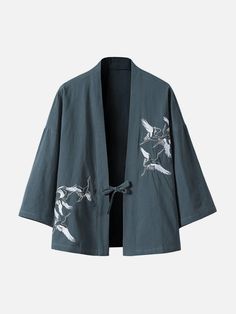 Crane Embroidery Cardigan Kimono - Anagoc Crane Embroidery, Gilet Kimono, Embroidery Kimono, Kimono Outerwear, Cardigan Plus Size, Cardigan Kimono, Kimono Robes, Men Jackets, Black Kimono