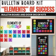 bulletin board kit for the elements of success and door decor kits with colorful letters on it