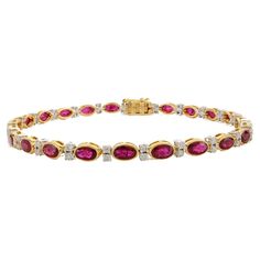 This 6.37 Carat Red Ruby Diamond Tennis Bracelet in 18K gold showcases 6.37 carats endlessly sparkling natural ruby and 0.83 carats of diamonds. It measures 7.25 inches long in length. Ruby improves mental strength. Designed with perfect oval cut ruby set with diamonds to make you stand out on any occasion or event. The elegant style complements the attire beautifully and is a perfect july birthstone bracelet, Engagement Gift, Bridal Shower Gift, Gift For Love, Gift For Sister, Mother Daughter G