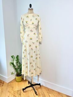 Gorgeous 1960s true vintage potpourri novelty print vegetable maxi dress with lace trim wrists and neckline. In very good vintage condition, some minor discolorations showed. Sold as is B: 34" W: 28" (empire) L: 55" Vintage Printed Maxi Dresses, Retro Floral Print Maxi Dress For Daywear, Vintage Maxi Dress For Garden Party, Vintage White Floral Print Maxi Dress, Vintage White Maxi Dress With Floral Print, Vintage Floral Print Maxi Dress For Garden Party, Vintage Fitted Floral Print Maxi Dress, Vintage Floral Maxi Dress For Garden Party, Fitted Vintage Maxi Dress With Floral Print