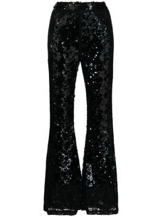 Find CYNTHIA ROWLEY High-waisted Sequinned Flared Trousers on Editorialist. black sequin design floral-lace and seam detailing high-waisted flared concealed rear zip fastening straight hem Black Sequin Pants, Sequin Flare Pants, Uzun Boy, Dress Reference, Holiday 2024, Shiny Pants, Sequin Design, Flared Trousers, High Waisted Flares