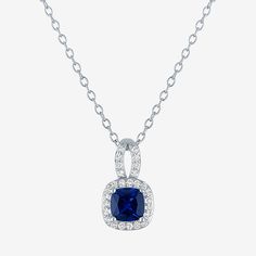 This Yes, Please! pendant necklace showcases a Lab-Grown blue sapphire in a cushion cut, set in sterling silver. Its timeless design and deep blue hue make it a versatile piece.Features: In A Gift BoxJewelry Closure: Spring Ring ClaspSetting: ProngShape: CushionStone Cut: CushionMetal Color: WhiteChain Length: 18 InchChain Width: 1.2 MillimetersChain Gauge: 025Pendant Length: 13mmPendant Width: 8mmChain Construction: CableCare: Wipe CleanStone Type: 28 Lab Created SapphireAuthenticity: Lab Creat Silver Cubic Zirconia Cushion Cut Necklace, Elegant Sapphire Square Pendant Jewelry, Blue Sapphire Cushion Cut Jewelry, White Gold Cushion Cut Necklace For Gift, White Gold Cushion Cut Necklace Gift, Blue Cushion Cut Sapphire Jewelry, Blue Square Pendant Jewelry For Formal Occasions, Blue Square Pendant Necklace For Formal Occasions, Classic Blue Lab-created Sapphire Necklace