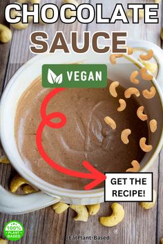 chocolate sauce in a white bowl with cash on the side and text overlay that reads, chocolate sauce vegan get the recipe