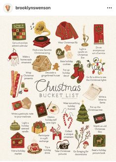 the christmas bucket list is shown in red and green, with lots of different things on it