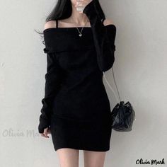 Olivia Mark - Off-Shoulder Knit Dress with Straps and Long Sleeves Long Sleeve Dress Winter, Skater Fashion, 2020 Aesthetic, Winter Tips, 90s Skater, Grunge Outfit, Outfit Party, Vintage Everyday, Womens Knit Dresses