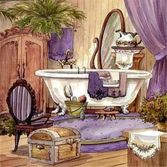 a painting of a bathtub in a room with purple drapes and curtains on the windowsill