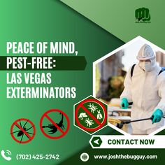 a man in white suit spraying pest into a green background with the words peace of mind, pest - free las vegas exterminators