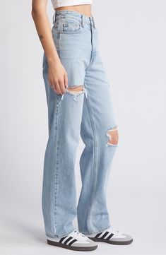 Ripped-out holes and a faded wash put a retro spin on high-waisted boyfriend jeans cut from comfortable cotton nonstretch denim. 32" inseam; 16" leg opening; 12 1/2" front rise; 16" back rise (size 29) Zip fly with button closure Five-pocket style 100% cotton Machine wash, tumble dry Imported Light Wash Ripped Rigid Denim Bottoms, Ripped Light Wash Rigid Denim Bottoms, Ripped Rigid Denim Bottoms For Everyday, Casual Distressed Flare Jeans In Rigid Denim, Ripped Light Wash Flare Jeans In Rigid Denim, Ripped Light Wash Rigid Denim Flare Jeans, Everyday Light Wash Distressed Flare Jeans, Everyday High Waist Distressed Flare Jeans, Spring Distressed Rigid Denim Jeans