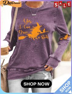 Women's Funny Witch Yes I Can Drive A Stick Halloween Casual Sweatshirt Purple Graphic Print Sweatshirt For Fall, Casual Halloween Crew Neck Tops, Purple Long Sleeve T-shirt With Letter Print, Purple Relaxed Fit Top For Fall, Casual Halloween Tops With Letter Print, Casual Halloween Letter Print Top, Purple Letter Print Top For Fall, Purple Long Sleeve T-shirt For Fall, Fall Crew Neck Top With Letter Print