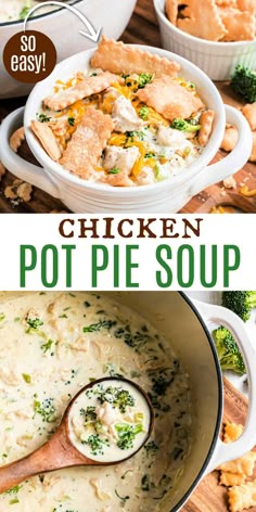 chicken pot pie soup in a white bowl with a wooden spoon