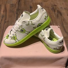 The Perfect Set Of Sneakers For Your Next Trip To Universal Or Disney- Or Just A Regular Day Out! Show Off Your Love For Pixar And Disney With These Amazing Rare Monsters Inc. Sneakers In Excellent Clean Condition Mike Wazowski, Shoes Adidas, Monsters Inc, Custom Sneakers, White Green, Adidas Shoes, Adidas Women, Pixar, Athletic Shoes