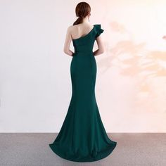 Pine Green One Shoulder Evening Gown Prom Season Gown With Sweep Train And One Shoulder, Green One-shoulder Wedding Gown, One-shoulder Gown With Sweep Train For Prom, Party Green Maxi Dress With Sweep Train, Elegant One-shoulder Mermaid Dress For Banquet, Green One-shoulder Evening Dress For Wedding, One-shoulder Evening Mermaid Dress With Sweep Train, One Shoulder Mermaid Dress For Prom, Dark Green Evening Dress For Prom Season