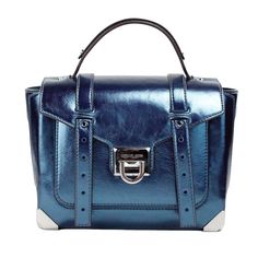 Manhattan Medium Patent Faux Leather Satchel In Teal Mfsrp: $598.00 + Tax The Manhattan Satchel Puts A Modern Spin On The Classic Trunk Bag Silhouette. Skillfully Crafted With An Eye-Catching Patent Finish, It's Defined By Metal Corners, A Logo Tape Shoulder Strap And Distinctive Hardware. A Flip-Lock Closure Opens To Reveal An Exterior Front Slip Pocket That’s Perfect For Storing Your Phone. Satchel Patent Faux Leather 55% Polyurethane/35% Polyester/10% Lurex Golden-Tone Hardware 10"W X 7.25"H Sac Michael Kors, School Satchel, Teal Leather, Trunk Bag, Michael Kors Crossbody, Satchel Bag, Metallic Leather, Leather Satchel, Leather Top