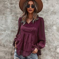 Sophisticated And Stylish, This Blouse Is The Perfect Staple Piece. Pair With Suede Booties, Leggings And A Felt Hat For The Ultimate Fall Look. Measurements: Small (Sz 4-6) Length - 68cm Bust - 104cm Shoulder - 39cm Sleeve - 60cm Medium (Sz 8-10) Length - 69cm Bust - 108cm Shoulder - 40cm Sleeve - 60.6cm Large (Sz 12-14) Length - 70.5cm Bust - 114cm Shoulder - 41.5cm Sleeve - 61.2cm Chic Burgundy V-neck Blouse, Tiered Blouse, Petal Sleeve, Bubble Sleeve, Oversized Blouse, Style Blouse, Babydoll Top, Felt Hat, Size Pattern