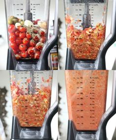 four pictures of the same blender with different ingredients in it, including tomatoes and peppers