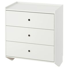 a white dresser with three drawers and two knobs on the bottom, against a white background