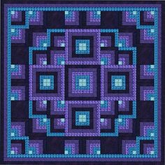 a purple and blue quilt with squares in the shape of square shapes on black background