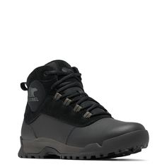 These mens Buxton black/quarry winter boots by Sorel provide the warmth and protect you need during the cold weather seasons. Made of textile and synthetic leather upper suede leather trim, these winter boots have a round toe and secure lace-up closure. A waterproof seam-seal construction and an injection-molded, waterproof thermal-rubber shell keep feet dry. The padded collar and tongue provide comfort while soft textile lining with 2o0g insulation keeps you feeling warm and toasty. Features in Black Weatherproof Lace-up Boots For Outdoor, Black Waterproof Lace-up Boots For Walking, Black Leather Lace-up Boots For Outdoor, Rugged Winter Lace-up Boots For Outdoor, Rugged Lace-up Boots For Winter Outdoor Activities, Rugged Lace-up Boots For Winter Outdoor, Rugged Black Lace-up Boots For Outdoor Work, Functional Winter Boots For Outdoor Work, Functional Leather Waterproof Boots For Winter