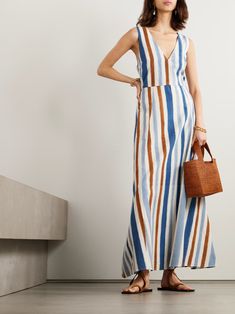 EMPORIO SIRENUSE + NET SUSTAIN Nellie French striped cotton maxi dress | NET-A-PORTER Chic Vertical Stripes Midi Dress For Beach, Chic Midi Dress With Vertical Stripes For Beach, Chic Beach Midi Dress With Vertical Stripes, V-neck Dress With Vertical Stripes For Day Out, Beach Dresses With Vertical Stripes And V-neck, Chic Striped Cotton Maxi Dress, Vertical Stripes Midi Dress For Vacation, Chic Striped V-neck Dress, Chic V-neck Cotton Maxi Dress