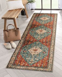 PRICES MAY VARY. [Exclusive Design Oriental Rug] - This boho chic rug offers intricate printed texture on a soft-underfoot polyester base.The teal blue classic diamond center and red and cream border come alive with tribal element. Red distressed rug would effortlessly complement any decor and most contemporary living spaces. [Safety Non-Slip Rug] - Our indoor doormat made of extra-absorbent fabric top layer and thousands of anti-skid point plastic backing which is safe for everyday indoor high Bathroom Runner Rug, Extra Long Runner Rug, Red Floor, Bohemian Kitchen, Hallway Flooring, Red Carpet Runner, Floor Runners, Kitchen Runner Rug, Chic Rug