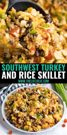 southwest turkey and rice skillet is shown in this collage with the title above it