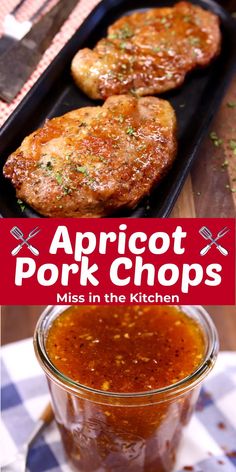 two pork chops in a pan with sauce on the side and an image of another meat chop