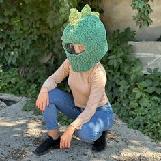 🔥Finger knitting MOTORCYCLE HELMET COVER pattern + HOW-TO VIDEOS for beginners! This dino helmet cover is made with loop yarn Alize Puffy and it's very easy to make! This soft chenille yarn comes with pre-made loops, so you'll knit the entire projects using nothing but your fingers👌 📍This yarn is available to purchase in my shop ✅Even someone who have never held a hook or needles in their hands can knit this blanket! 👉SKILL LEVEL - Easy 👉TERMINOLOGY - Standard US 👉MATERIALS - 300 g of chenille loop yarn 👉TERMS OF KNITTING - 1 day ✅You purchase to download a PDF file which contains detailed written instruction with photos and how-to videos. Even beginner can knit this dino helmet cover using this pattern! For this helmet cover you just need to know how to work knit stitch with loop y Casual Acrylic Crochet Knitting Pattern, Handmade Casual Green Knitting Pattern, Casual Green Handmade Knitting Pattern, One Size Hand Knitted Acrylic Yarn Knitting Pattern, Green Yarn Knitting Pattern, Handmade One Size Acrylic Knitting Pattern, Hand Knitted Green Knitting Pattern, Handmade Green Yarn Knitting Pattern, Handmade Green Knit Knitting Pattern