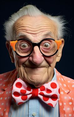 an old man wearing glasses and a bow tie with polka dots on it's collar