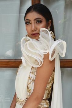 Shop for Parul Gandhi Label White Lycra Pre-draped Saree Set for Women Online at Aza Fashions White Pre-draped Saree With Ruffles In Traditional Drape, White Pre-draped Saree With Ruffles, Festive White Pre-draped Saree With Ruffles, Embellished Corset, Gold Drapes, Net Blouse, Draped Saree, Corset Blouse, Embroidered Belt