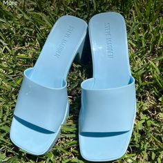 Steve Madden Women's Harlin Heeled Sandals Shoes Size 7 Light Blue Sandals With Padded Block Heel, Light Blue Block Heel Sandals With Padded Heel, Reinforced Heel Slip-on Heels For Summer, Light Blue Open Heel Sandals, Blue Flat Platform Sandals, Light Blue Block Heel Sandals For Summer, Light Blue Open Heel Synthetic Sandals, Trendy Light Blue Sandals With Padded Heel, Trendy Blue Sandals With Heel Strap