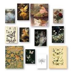 many different cards are arranged on top of each other, with images of flowers and butterflies in them