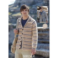 a man wearing a cardigan sweater and pants in sirdar yarns'crochet dk