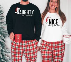 "Naughty and Nice Humorous Christmas Couple Matching Sweater, Naughty But I Can Explain Funny Hubby Xmas Sweater Nice Most Of The Time Hoodie ---How To Order --- 1-) Please, check and review all photos 2-) Choose your t-shirt size and color 3-) Click add to cart. You can go back to add more product 4-)Click \"Proceed to check out\" 5-)When you check out, you can add a note to seller for any request ---Production and Shipping--- * High quality and super soft, comfortable shirt. Made with top-of-t Couples Matching Sweaters, Couples Holiday, Couples Sweaters, Matching Christmas Shirts, Couple Tees, Matching Sweaters, Husband Shirts, Fits Men, Matching Sweatshirts