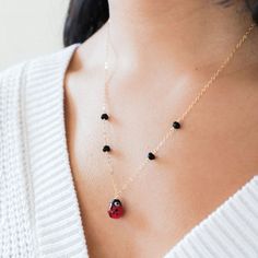 Here's your daily dose of cuteness. Our Ladybug Necklace comes on a delicate chain. It features four black crystals and the most adorable Ladybug charm. Whimsical and playful. Please note each Ladybug is handmade and unique. Variations from the one shown are expected. DETAILS Metal: 14K Gold Filled Materials: Glass Size: 18" Necklace + 2" extender. Ladybug ~ 15mm Ladybug Necklace, The One Show, Delicate Chain, Black Crystals, Daily Dose, Gold Filled, The One, Beaded Necklace, Crystals