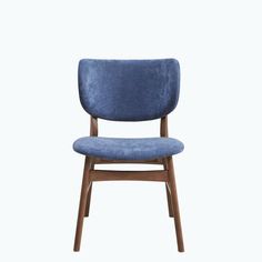 a blue upholstered chair against a white background, with the seat facing forward