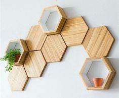 three hexagonal wooden shelves with plants on each shelf and one plant in the corner