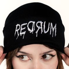 Introducing the Redrum Beanie, a high-quality unisex black acrylic beanie that's both durable and comfortable. Featuring an intricate embroidery design, this beanie is a true statement piece, perfect for adding a bold touch to any outfit. Enjoy lasting comfort and standout style with this exceptional accessory. Punk Style Adjustable Beanie Hat, Adjustable Punk Beanie Hat, Alternative Beanie For Streetwear, Alternative Winter Cap Hat, Alternative Winter Cap, Black Punk Beanie Hat, Punk Black Beanie Hat, Unisex Black Beanie Hat, Punk Style Black Beanie Hat