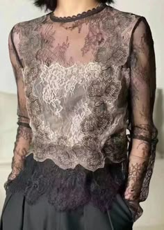 Party Mesh Top With Lace Trim And Stretch, Black Lace Mesh Top, Black Lace Top With Crew Neck, Stretch Lace Mesh Top For Party, Party Blouse With Lace Top And Crew Neck, Fitted Black Mesh Top With Lace Trim, Black Lace Crew Neck Top, Black Lace Mesh Top For Party, Sheer Black Lace Top For Party