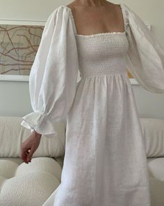 #dailysleeper, #sleeper, #beachwear, #loungewear, #linen, #dress, #loungedress, #beachdress, #linendress Square Neck Linen Midi Dress With Smocked Back, Feminine Summer Midi Dress With Smocked Cuffs, Feminine Midi Dress With Smocked Cuffs For Summer, Summer Feminine Midi Dress With Smocked Cuffs, Summer Midi Dress With Gathered Sleeves For Gatherings, Smocked Linen Dress For Vacation, Ruched Linen Dresses For Vacation, Linen Vacation Dress With Smocked Bodice, Vacation Linen Dress With Smocked Bodice