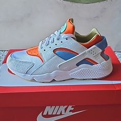 Nike Air Huarache New, Never Worn Size 9.5 Tried Them On And They Felt Very Snug. White, Orange & Blue Shoes Nike Air, Nike Air Huarache, Air Huarache, Shoes Nike, Orange White, Mens Shoes Sneakers, Men's Nike, Color Orange, Nike Men