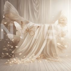 a white dress with butterflies flying around it in front of a curtained wall and floor