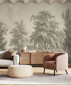 a living room with a couch, chair and coffee table in front of a wall mural