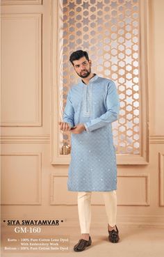 *PRODUCT DETAILS:- Get an absolute regal look apt for any event in this Soft blue cotton leno kurta pajama for men. Feel comfortable and in sync with the latest in fashion. *THREAD TALE:- This Kurta Set has been made by our karigars (craftsmen) with a lot of love and eye for detail. *FEATURES:- Color:  Soft Blue Fabric: 100% pure cotton leno Design Type: Neck Embroidery for kurta only Items Included:  (i)  Kurta ,                                (ii) Pant waist half elastic (100% heavy tensile cotton) Wash Care: Dry Clean Only Disclaimer Text: Product color may slightly vary due to photographic lighting sources or your monitor/screen settings. Blue Traditional Fit Kurta For Festive Occasions, Festive Blue Traditional Fit Kurta, Light Blue Cotton Kurta With Chikankari Embroidery, Light Blue Cotton Kurta For Diwali, Light Blue Cotton Kurta With Long Sleeves, Light Blue Long Sleeve Cotton Kurta, Festive Light Blue Straight Kurta, Light Blue Kurta With Chikankari Embroidery For Eid, Cotton Blue Sherwani For Festivals