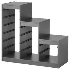 three shelves with drawers are stacked on top of each other, one is empty and the other has no doors