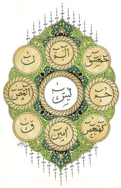 an arabic calligraphy in the middle of a circle with eight different languages on it