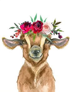 a goat with flowers on its head