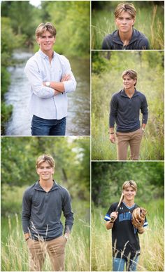 a collage of photos with the same person in different poses, and one man holding a baseball mitt