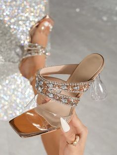 Crystal Clear Elegance: Summer Party High Heel Sandals with Rhinestone Champagne Heels, Party High Heels, Comfy Flats, Chic Heels, Shoe Obsession, Summer Parties, Shoe Game, Summer Party, Heel Sandals